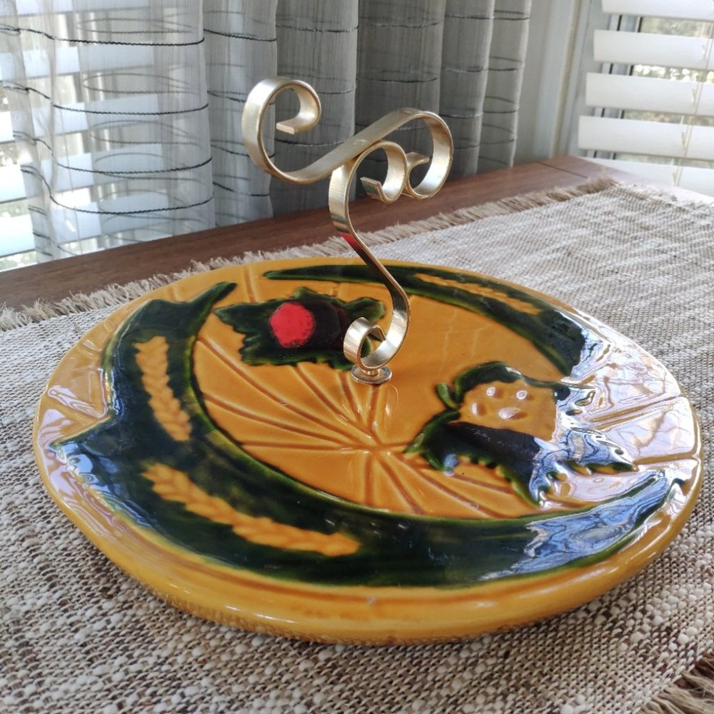 Vallauris Plate Platter with Scroll Handle, VTG Made in France MCM Ceramic 11"